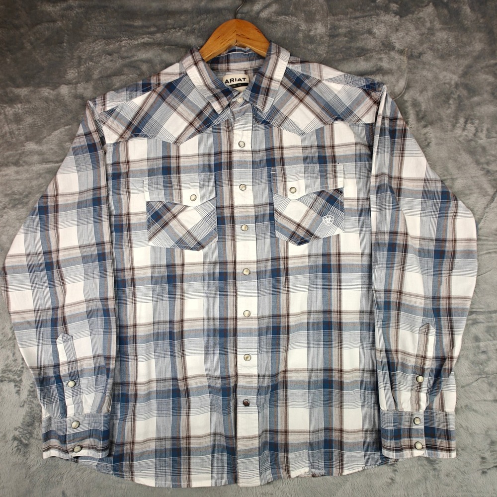 Ariat Retro Fit Mens XXL Blue Plaid Pearl Snap Western Long Sleeve Shirt